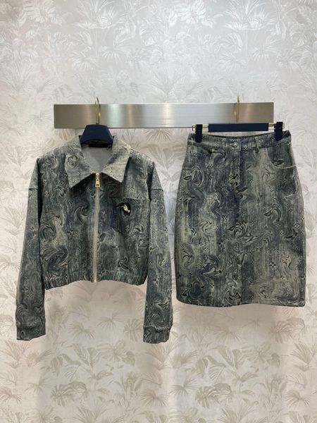 

luxury designer brand women's two piece denim skirts tracksuits sets fashion lapel long sleeve jacket and embroid a-line skirts suit, White