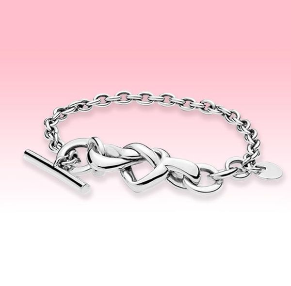 

925 sterling silver hand chain women wedding jewelry with original box for new knotted heart t-bar bracelet3473161, Golden;silver