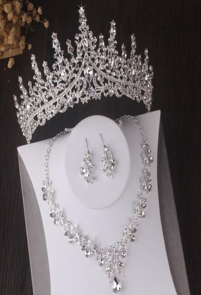 

luxury silver color crystal leaves bridal sets baroque tiaras crowns earrings choker necklace wedding dubai jewelry set7257915