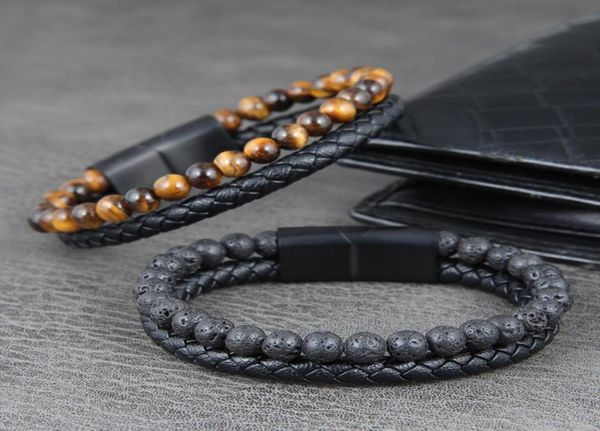 

charm bracelet men multilayer leather braided rope natural stone beads stainless steel magnetic clasp bangle punk jewelry with a v1138454, Golden;silver