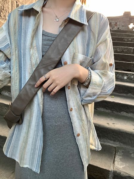 

blooming vertical stripes simple long sleeves sun protection shirt womens retro loose thin slimming outer shirt ol style, White