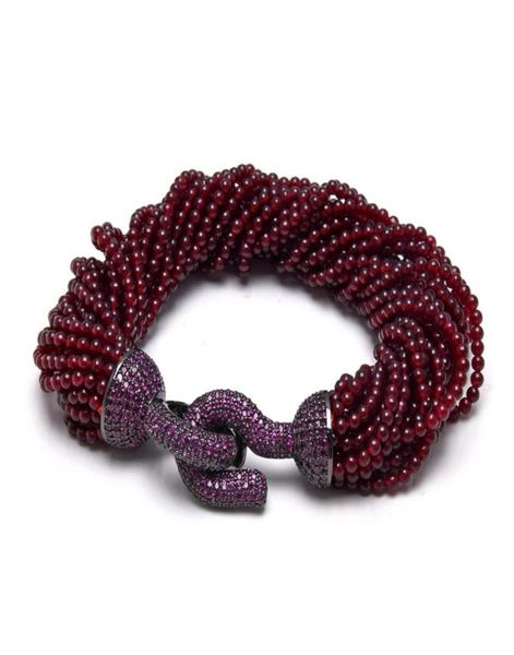 

guaiguai jewelry 20 strands natural smooth round garnet beads bracelet gunmetal color plated purple cz pave clasp 85039039 9802339, Black