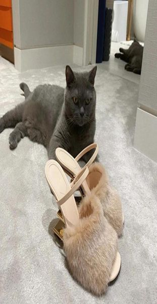 

2021 slippers women cowskin 10cm metal high heels abnormal heel scuffs genuine leather mink hair peeptoe sandals casual shoes sli2718379, Black