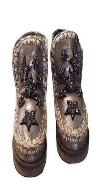 

2022 autumn winter new round head leather heted warm wool short boots rhinestone and star women039s shoes9073459, Black