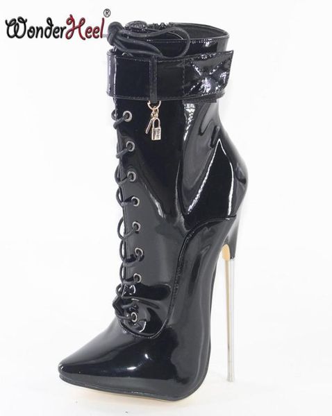 

wonderheel 18cm stiletto heel pointed toe patent leather fetish ankle boots with thin metal heel big size3007371, Black