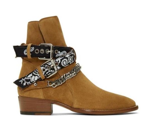 

man new brand ami ri brown suede bandana buckle boots chain fashion western cowboy boots shoes3224981, Black