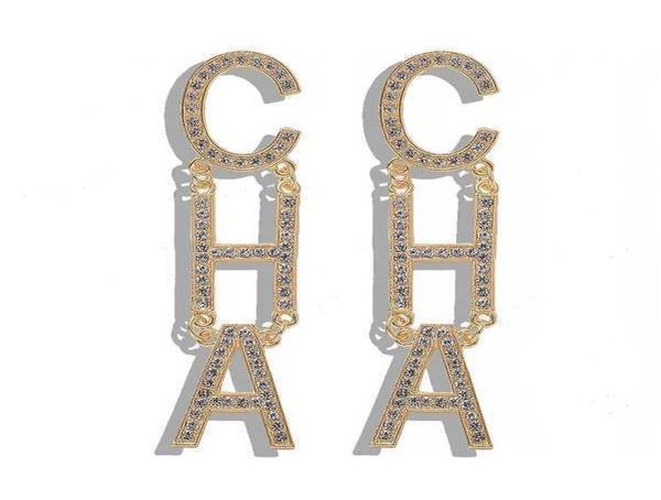 

popular fashion luxury designer exaggerated big letter pearl cha long drop dangle chandelier stud earrings for women gold silver4808011, Golden;silver