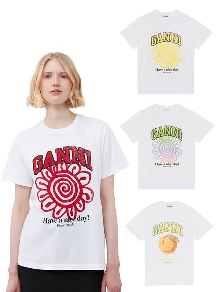 

23ss gannis womens designer t shirt classic style flower print white casual round neck loose cotton short sleeve tee fashion polos