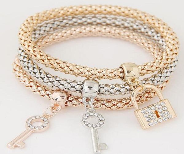 

1 set3pcs key locket bracelet fashion keys lockets pendant charm braclets bangles women layers gold color bracelets punk jewelry 5881059, Golden;silver