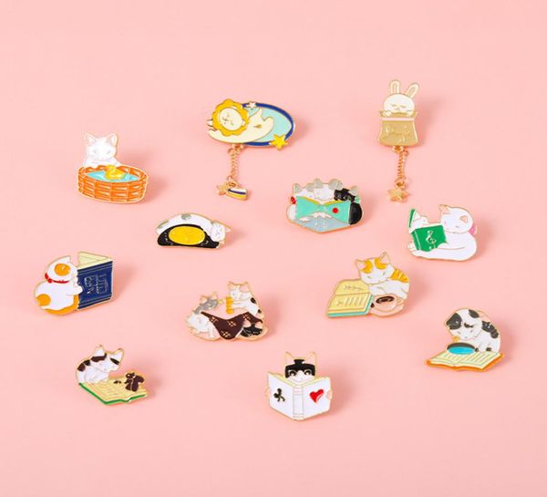 

european cat reading coffee model brooches pins rabbit lion animal series alloy enamel lapel collar pin for sweater backpack hats 9775591, Gray