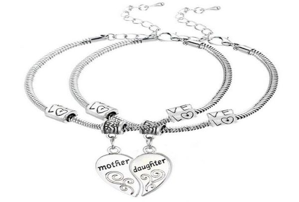 

5setlot antique silver mother daughter love heart pendant charm bracelet bangle fashion jewelrys as holiday gift9218783, Golden;silver