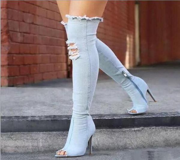 

boots women thigh high boots over the knee high bottes peep toe pumps hole blue heels zipper denim jeans shoes botas mujer5824337, Black