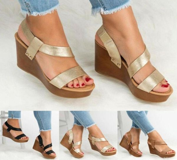 

sandals women ankle strap wedges heel slingback platform ladies summer pu casual shoes d8816125746, Black