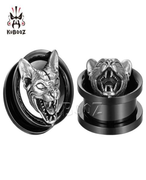 

kubooz stainless steel three-dimensional cat head ear tunnels gauges piercing expanders body jewelry earring plugs stretchers wholesale 8mm, Silver