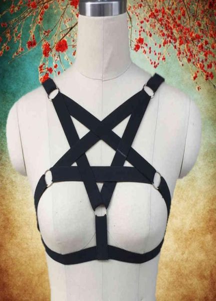 

star elastic punk goth body black pentagram bondage lingerie goth caged bra women harness belt3659994, Black;white