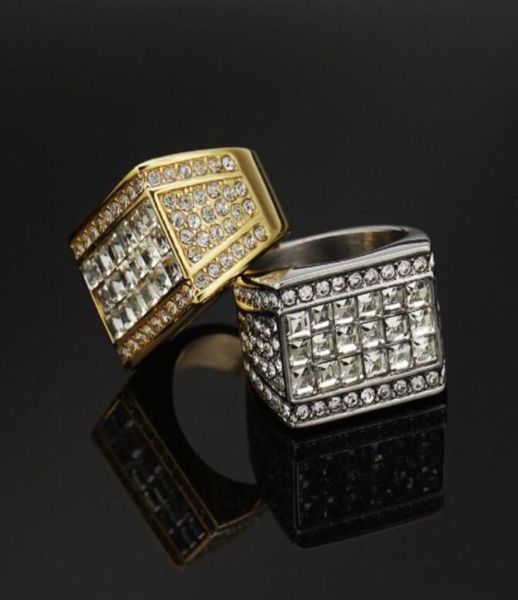 

hip hop men039s ring rhinestone paved bling iced out gold stainless steel geometric square finger rings for men rapper jewelry 1365397, Silver