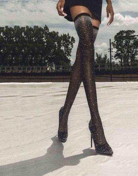 

boots ladies over the knee high heels thin rhinestone socks nightclub zapatos 2207198458617, Black