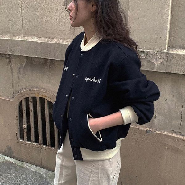

women's jackets 2023 autumn letter embroidered wool blend baseball jacket women clothes 230908, Black;brown
