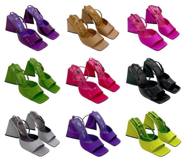 

the attico patent calfskin thick women heel sandals satin foot ring banquet women shoe rose red triangle square toe sliding slippe8598534, Black