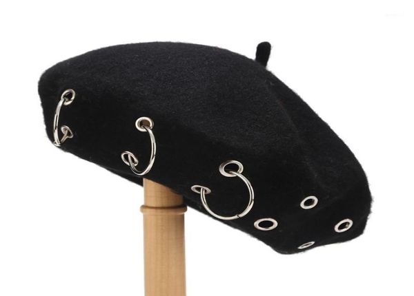 

berets for women girl punk rock style iron rings beret caps retro wool hats black woolen painter fashion winter t1g8913772, Blue;gray