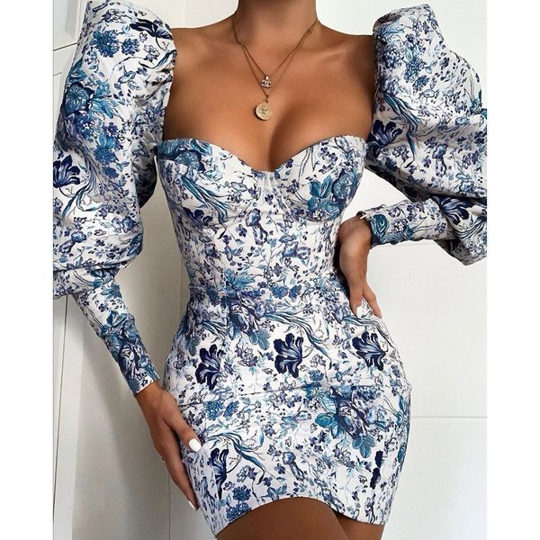 

european and american new arrival independent station fashion printed puff sleeve wrapped chest sheath slim temperament dress, White;black