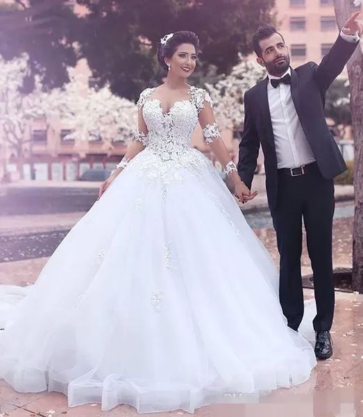 

ball gown wedding dresses new ivory bridal gowns formal white custom plus size lace up applique zipper long sleeve sweetheart tulle illusion