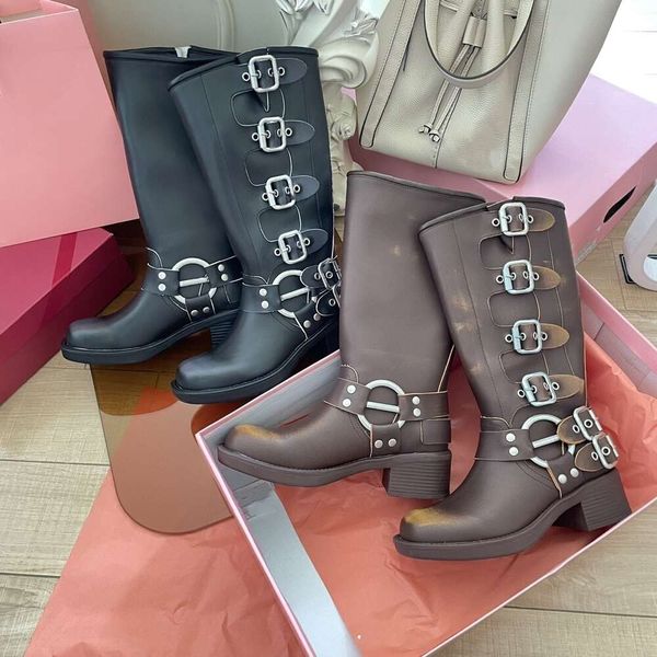 

designer women motorcycle boots m iu y2k style knight cowboy boot high platform brown cowhide leather biker boot square toe chunky heel harn, Black