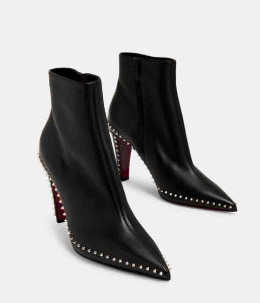

boot spike ankle boots vidura booty women pump 85mm high heel pointed toe calfskin suede leather block heeled bottom design luxury 35-43box, Black