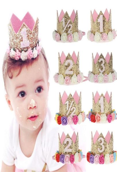 

cute newborn mini sequins gold crown with rose flowers headbands for baby girls crown birthday party hair accessories kids gift a14667615, Slivery;white