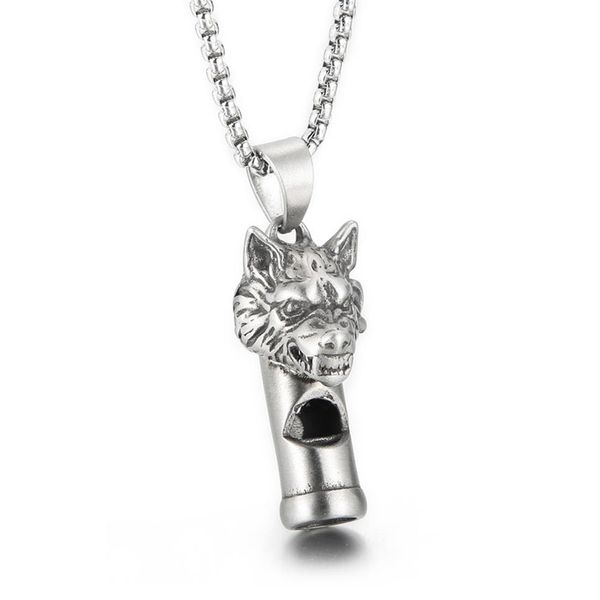 

gothic wolf head whistle necklace pendant casting stainless steel rolo chain jewelry for mens boys cool gifts silver polished blin348p