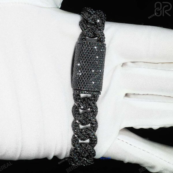 

wholesale 14mm black vvs moissanite cuban chain necklace pass diamond tester round brilliant cut 925 silver bracelet