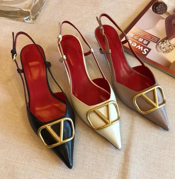

designer high heel sandals women pointed shoes metal buckle 4cm 6cm 8cm 10cm genuine leather shallow back strap black matte women's san