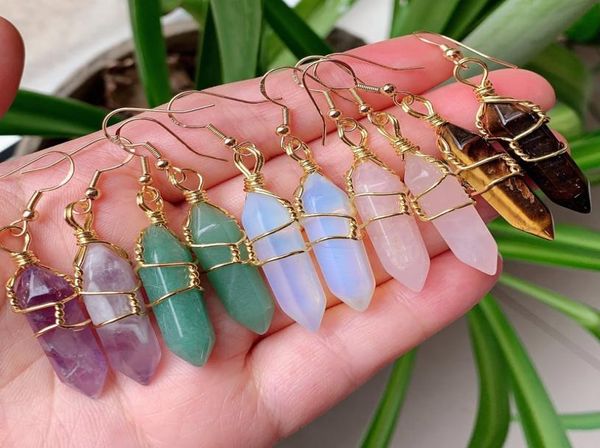 

natural stone drop charms earring wrap bullet hexagonal amethysts lapis purple quartz pink crystal earrings chakra pendulum pendulo earings5, Golden