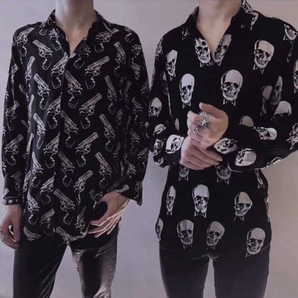 

men's casual shirts welfare slp style wave shirt pistol shirt skull shirt high street star same long sleeve shirt, White;black