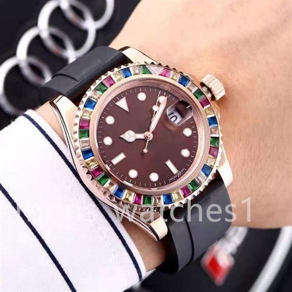 

casual watches original automatic movements rubber strap first quality sapphire mirror men-watch colorful diamond decoration watch2968, Slivery;brown
