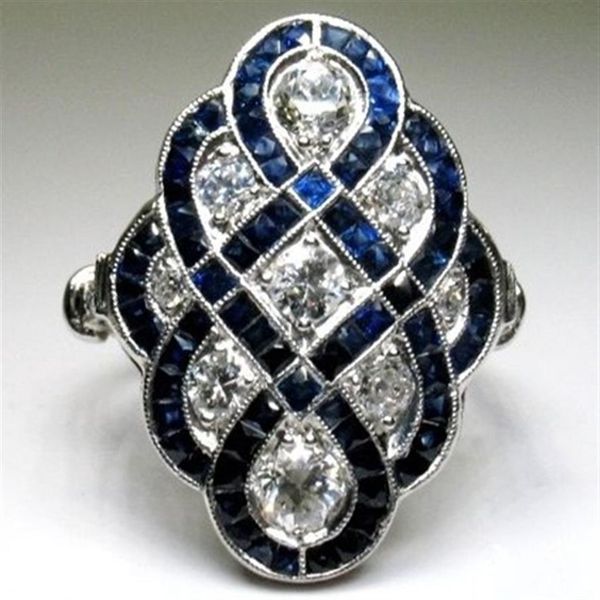

vintage 925 sterling silver ring retro blue sapphire diamond jewelry birthday anniversary gift cross engagement cocktail party wed267n