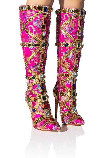 

crystal long boots buckle mental heels side zipper colorful over the knee boots thin high heel new autumn winter for girls party shoes 35-43, Black