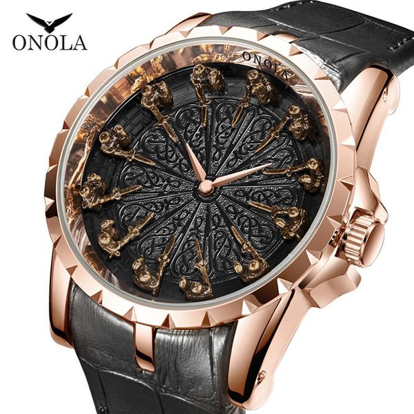 

onola brand unique quartz desinger watch man 2019 rose gold leather wristwatch fashion cusual waterproof vintage knight relogio ma2434, Slivery;brown