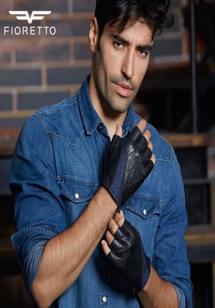 

genuine leather fingerless gloves male half finger driving moto gloves patchwork serpentine glove1797220, Blue;gray