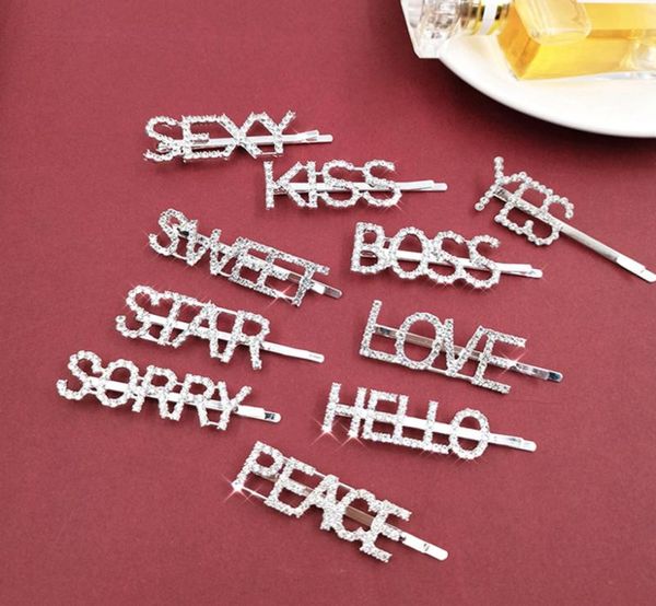 

diamond hair clips crystal shiny hair pins words letters rhinestones clip barrettes women girls party hair accessories hha14026056594, Slivery;white