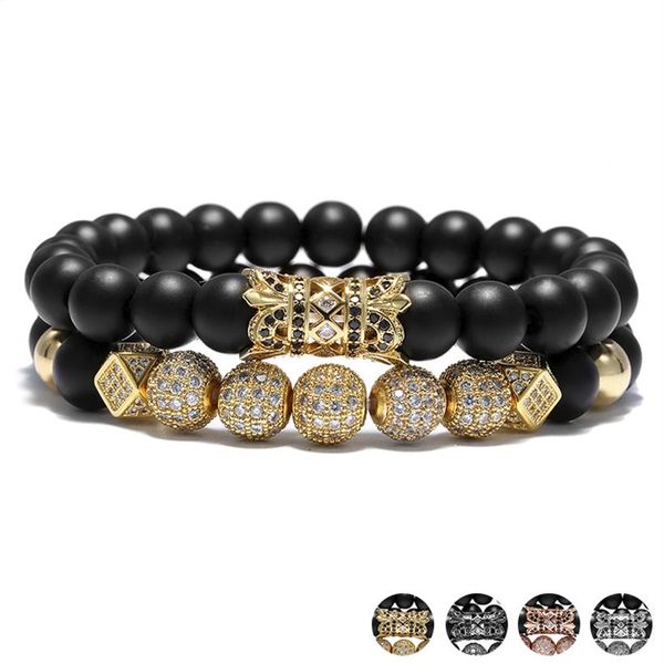 

crystal ball ethnic hollow rivet charm bracelets set for women men jewelry matte beaded bracelet accessories2396, Golden;silver