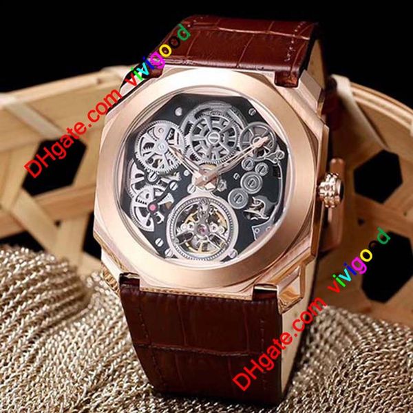 

fashion 4 style octo finissimo tourbillon 102719 skeleton automatic mens watch rose gold rubber strap gent new watche222o, Slivery;brown