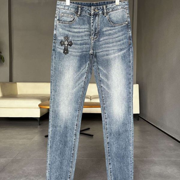 

street chaopai ch autumn designer crogo jeans pants cross men's light washed old slim fit elastic feet summer cyvx, Blue
