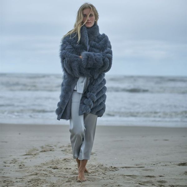 

women's fur faux women winter long coat jacket warm double side parka ct262 230908, Black