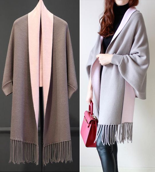 

2020 winter fashion brand cashmere twosided scarf women shawl cape blanket solid foulard fringed long sleeved sweater7927977, Blue;gray