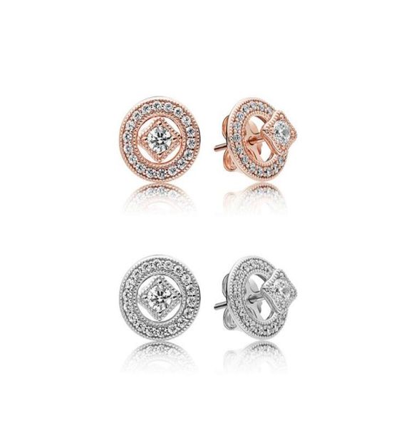 

18k rose gold vintage allure earrings original box for 925 sterling silver cz diamond women girls gift stud earring set1264592, Golden;silver