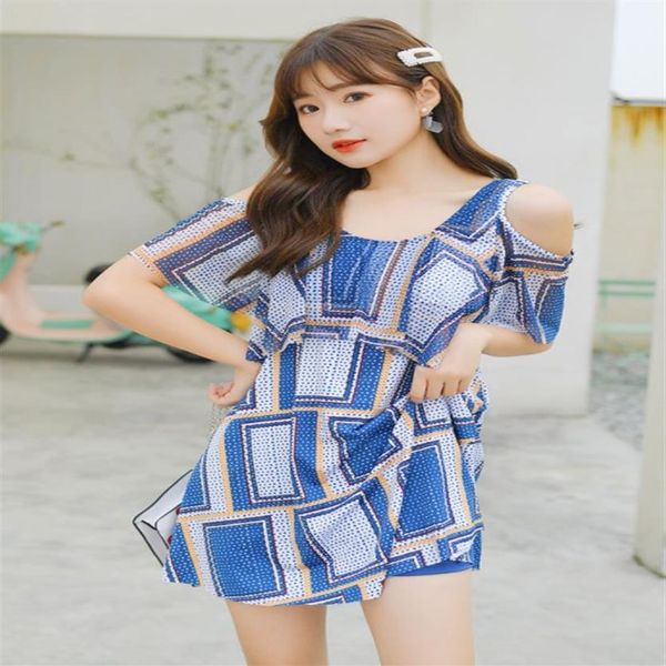 

swimsuit female small pure and fresh a word shoulder broken flower narrow waist quick dry spring swimsuit manufacturer2870