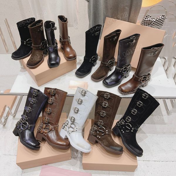 

designer knee high boot biker boots platform booties harness motorcycle booties grunge style shoes calfskin boot ladies round toe chunky boo, Black