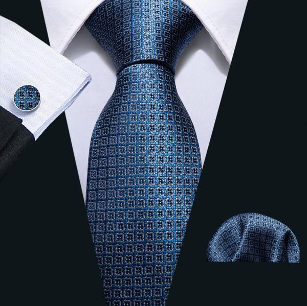 

europe warehouse neck ties new classic tie set silk dark blue plaid silk hankychief cufflinks set for mens business suit n50529000369, Black;blue