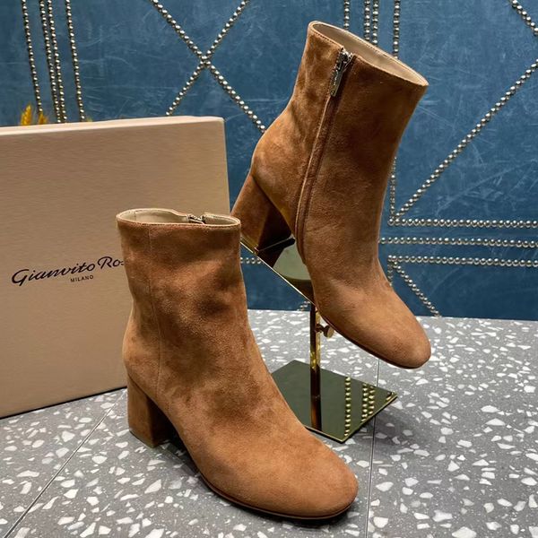

block heel sheepskin suede ankle boots medium thick heel side zipper with round head short boots women's outdoor shoes luxury designer, Black